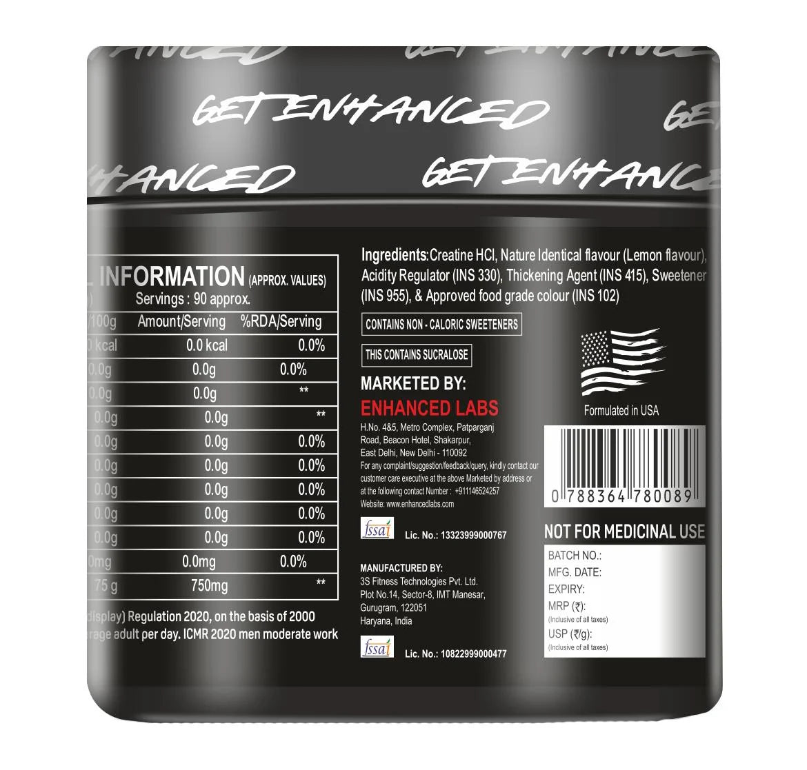 Enhanced Labs Creatine HCL(90 Servings)